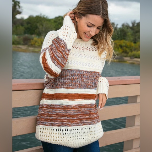Two Toned Textured Striped Color Block Sweater, Sz Small, cream/brown/blue tones - Picture 4 of 9